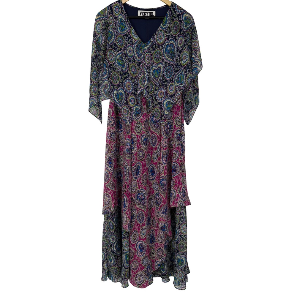 Vicky Tiel Womens Paisley Layered Maxi Dress Size L Flutter Sleeve Colorful Boho